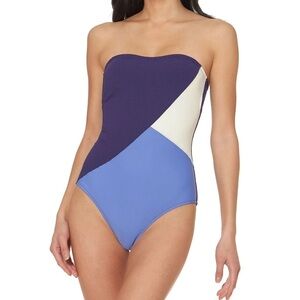 NWT Jessica Simpson Shadow Blue Multi Colorblock Halter One Piece Swimsuit Large